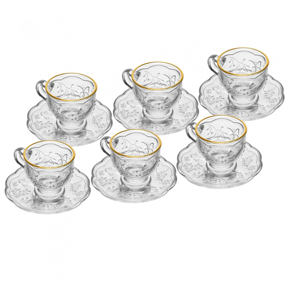 Conjunto 6 Xícaras de Café com Pires New Butterfly Fio de Ouro 80ml Cristal Ecológico - Lyor
