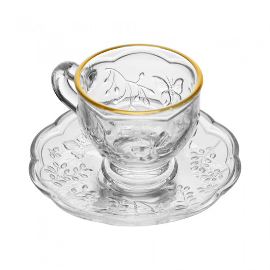 Conjunto 6 Xícaras de Café com Pires New Butterfly Fio de Ouro 80ml Cristal Ecológico - Lyor