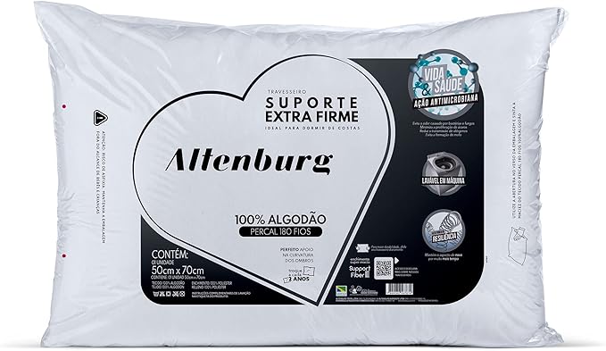 Travesseiro Suporte Extra Firme Altenburg Extra Branco Capa Percal 180 Fios 100% Algodão